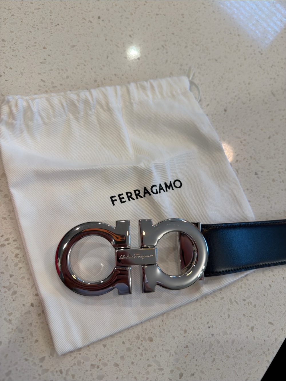 Salvatore Ferragamo Black Leather Belt with Silver Double Gancini Buckle